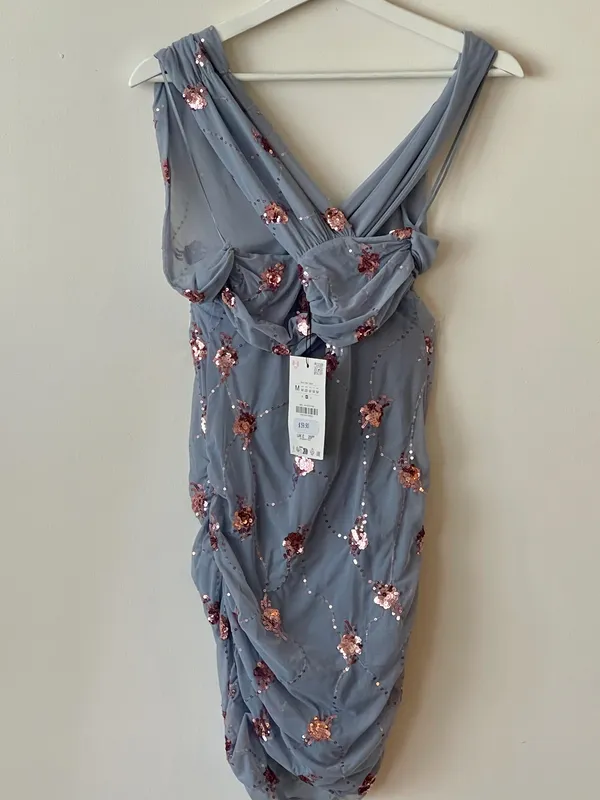 ZARA Draped Sequin Mini Dress blue - Image 7