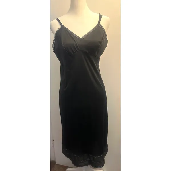 Vintage 90s Black Slip Dress Med Lingerie Romantic Goth Whimsigoth Lace Trim - Image 2