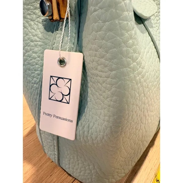 Pretty Persuasions Bamboo Handle Pebble Leather Bucket‎ Sage Green Crossbody NwT - Image 2
