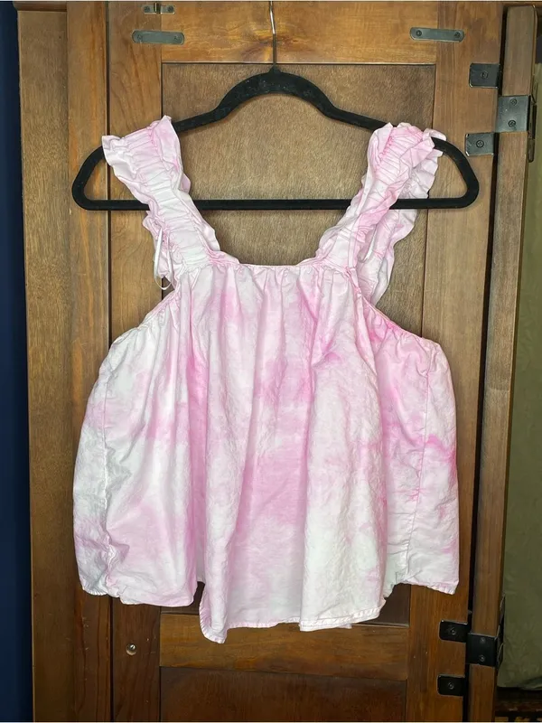 Zara Womens Pink Tie Dye Babydoll Tank Top Small Ruffle Strap Cotton Coquette - Image 4