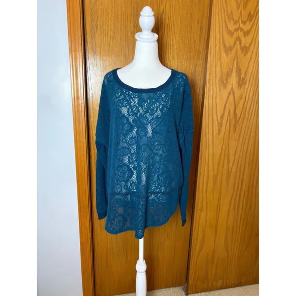 Free People Not Cold In This Jewel tone Blue Floral Lace Oversized Boho Top - Image 3