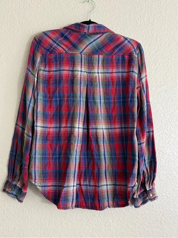 Dylan Medium Red Blue Plaid Flannel Button Down Shirt Western Fall Layering Top - Image 5