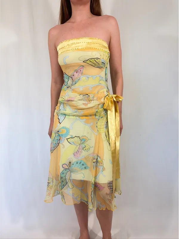 Whimsical Fairy Vintage Butter Yellow Strapless Butterfly Print Dress - Image 5