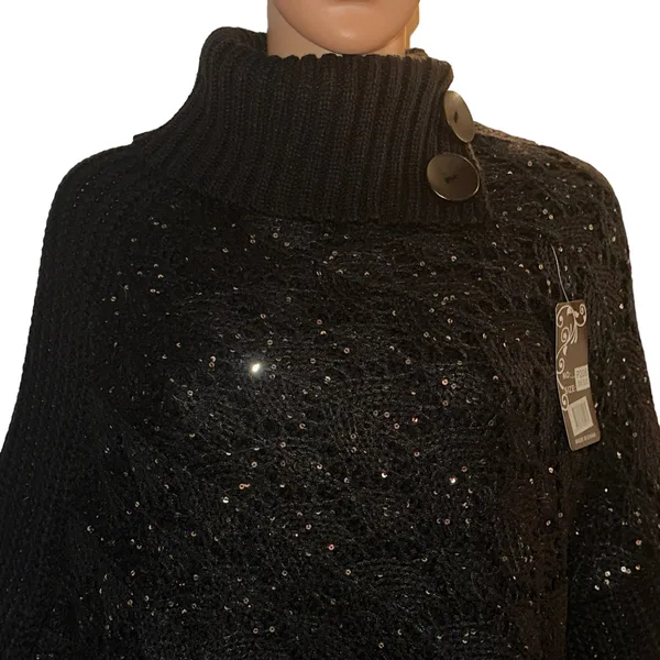 Sequined Fringe Turtleneck Poncho Black - Image 3