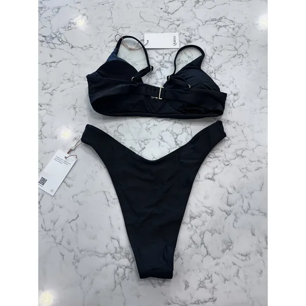 NWT Quince Black Italian V Neck Bikini Top & High Rise High Leg Bottom Set Small - Image 2
