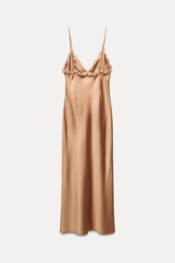 Zara maxi dress bodycon slip satin ruffle carmel evening wedding cocktail - Image 19