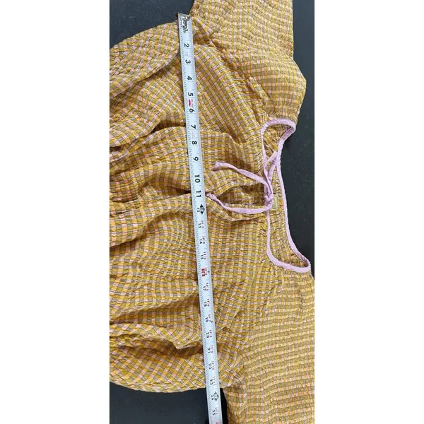 Free EST Free People Boho Mustard Plaid Blouse Peasant Top Balloon Sleeve Tie - Image 10
