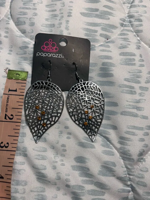 Paparazzi Gunmetal Teardrop Filigree Earrings with Amber Accents - Image 2