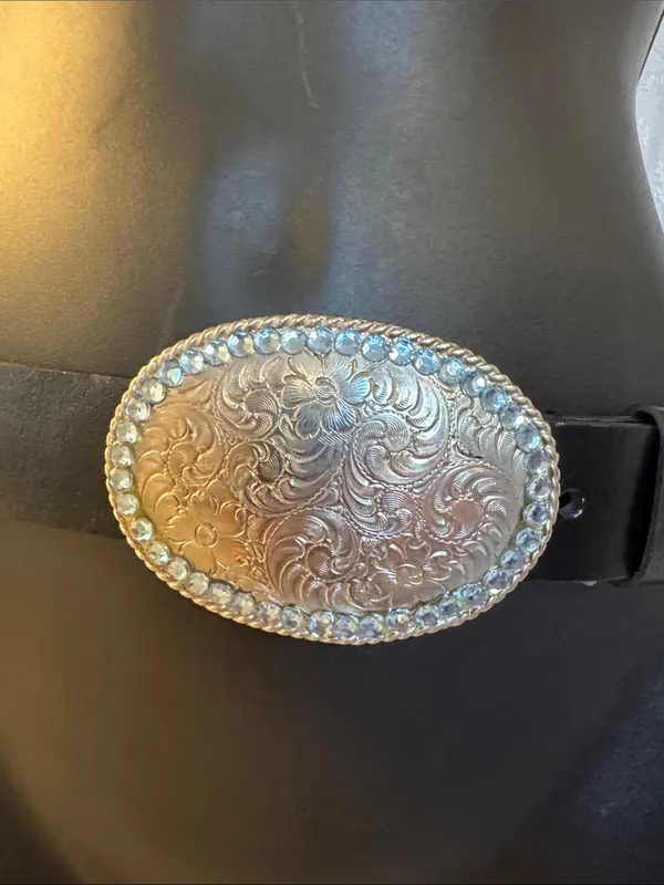 Black Leather Belt with Decorative Silver-Tone Oval Buckle & Rhinestones Sz: S - Image 3