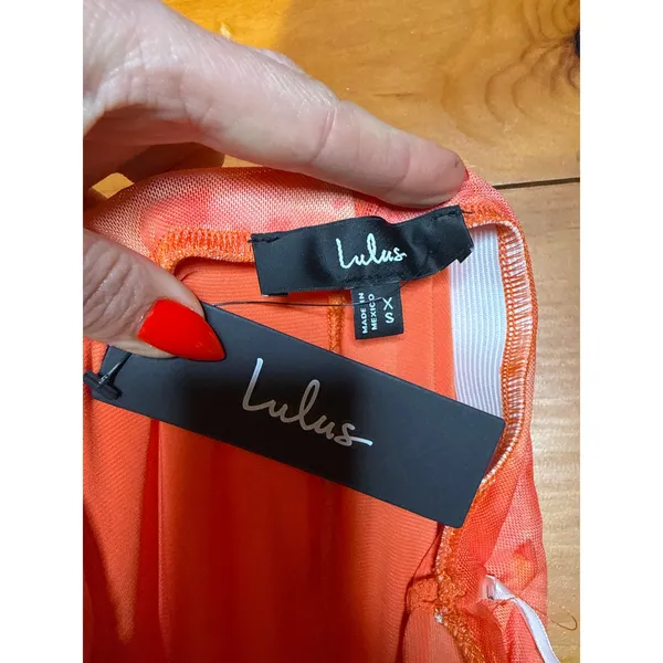 NWT Lulus Late Night Crush Orange Multi Mesh Ruched Strapless Midi Dress Gala XS - Image 7