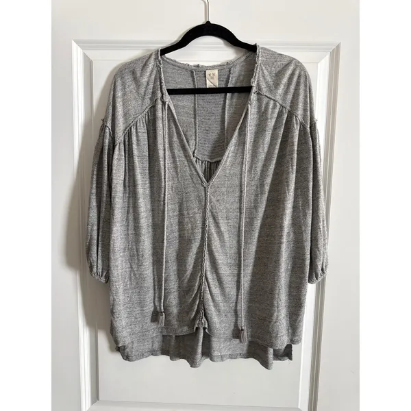 We The Free Grey Just a Henley V-Neck Linen Blend Oversized Boho Top Small - Image 4