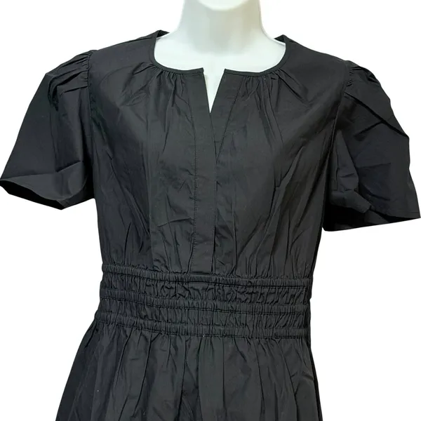 Quince Organic Cotton Poplin Tiered Mini Dress Black Short Sleeve‎ Smocked M - Image 5