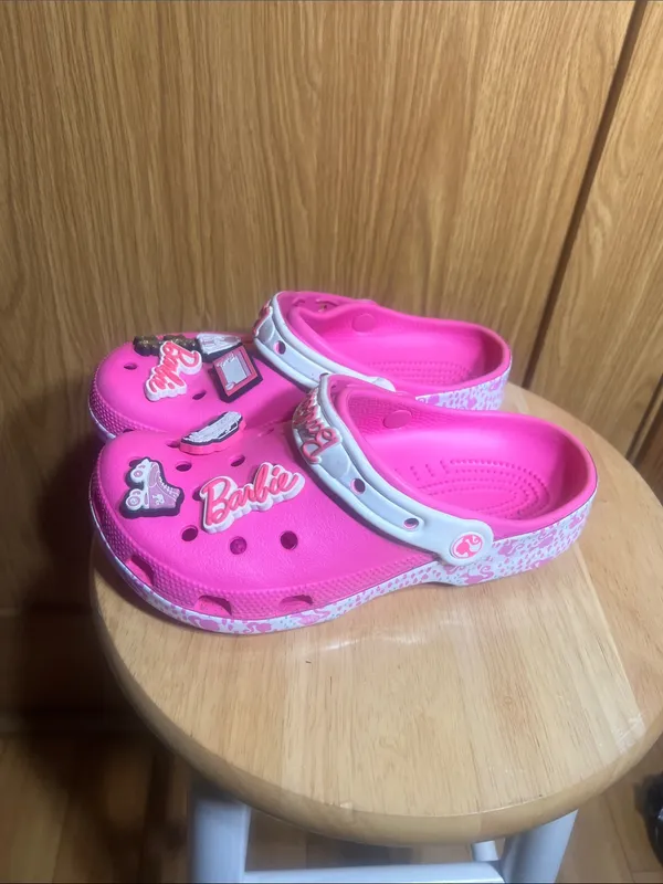 CROCS Hot Pink Sandal Clogs with White Heel Strap and Barbie Charms - Image 2