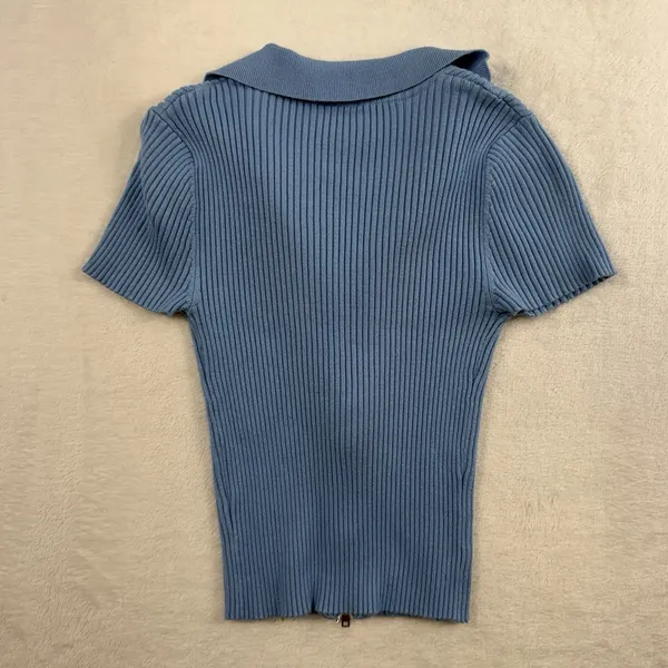 Rue 21 Vtg Y2K XS Top Soft Girl Double Zipper‎ Baby Blue Ribbed Fitted Coquette Dainty - Image 9
