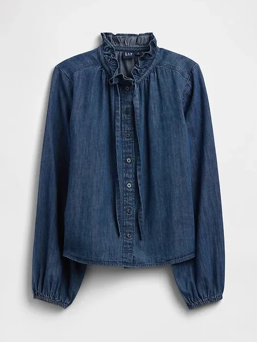 Gap Relaxed Denim Top Size XS 100% Cotton Long Puff Sleeve Button Front Preppy - Image 7