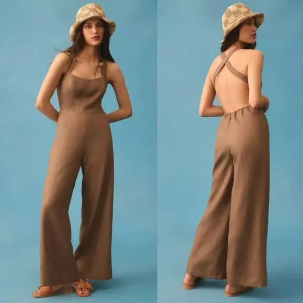 NEW Reformation Autumn Linen Jumpsuit Size 4‎ Mushroom Brown Wide Leg One Piece - Image 2
