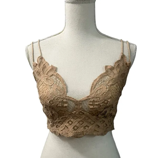Free People One Adella Bralette Crochet Lace Tan Camel Nude Cross Strap Boho M - Image 2