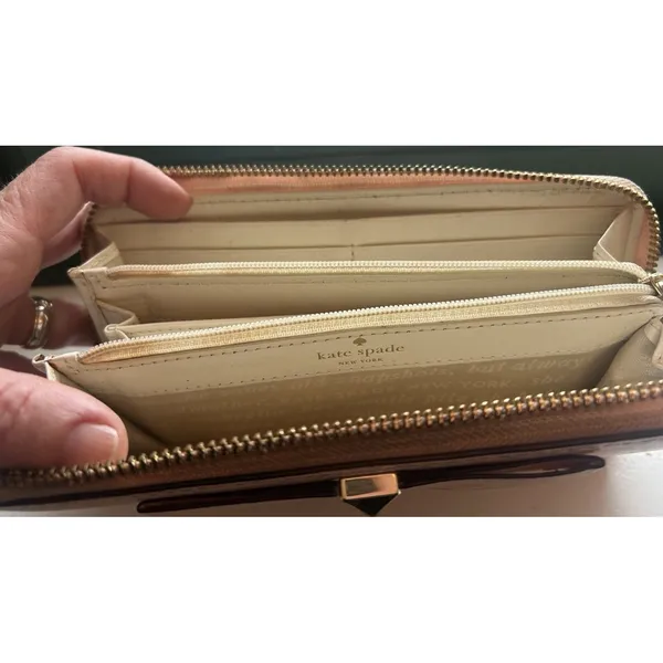 Kate Spade Bow Zip Around Wallet Blush Pink Hatched Leather Clutch Gold Tone - Image 8