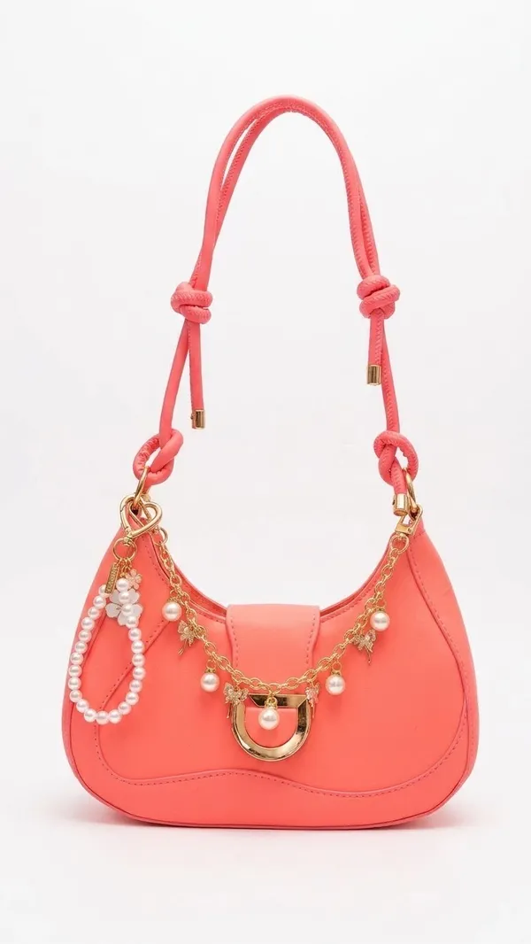 Pink Shoulder Bag Hobo Purse Pearl Charm Chain Strap Gold Tone Hardware - Image 3