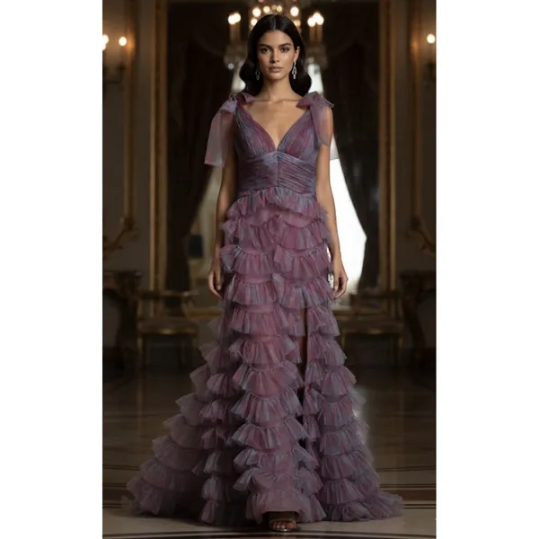 Jovani Gown Tiered Ruffle Mesh Size 4 Train One Of A Kind Romantic Prom Dress - Image 2