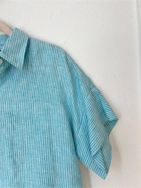Lauren Ralph Lauren Blue Striped 100% Linen Button Down Blouse Women's Medium - Image 6