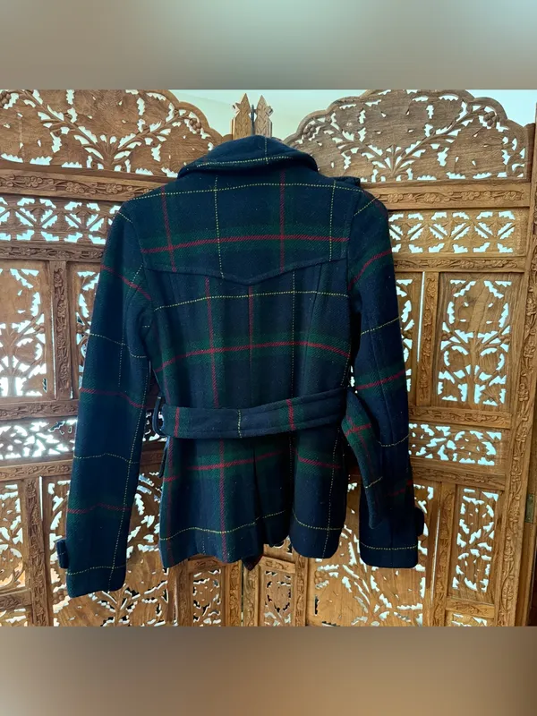 American Eagle Y2K Plaid Belted Wool Peacoat. Navy Green Red - Image 9