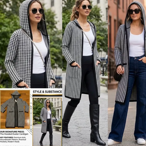Golden Lillie Women's Long Hooded Cardigan Sweater Houndstooth Jacket M - Image 2