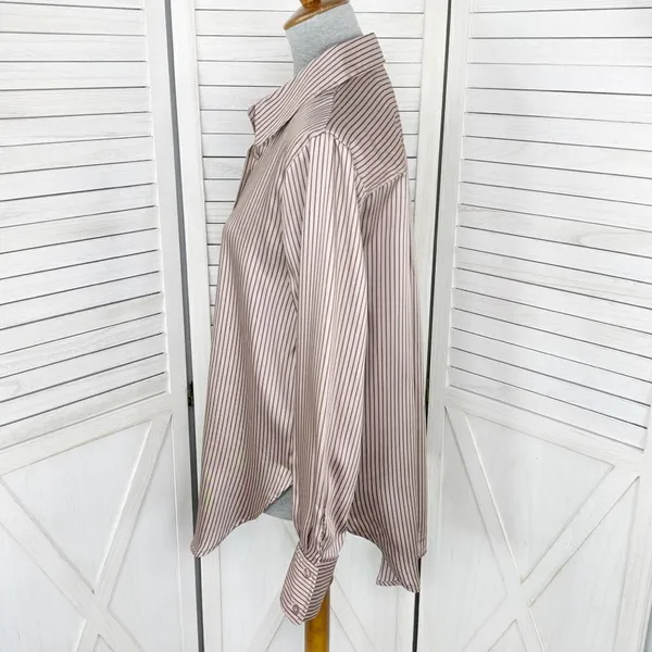 The Workshop Satin Pinstripe Oversized Button Up Shirt Mocha Medium Boyfriend‎ - Image 3