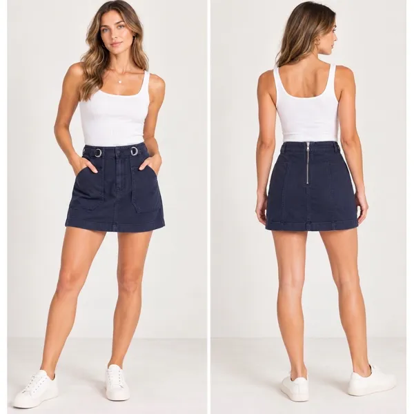 Pilcro Anthropologie Sz 6 Navy Paperbag Mini Skirt Belted Pockets Patch Pockets - Image 2