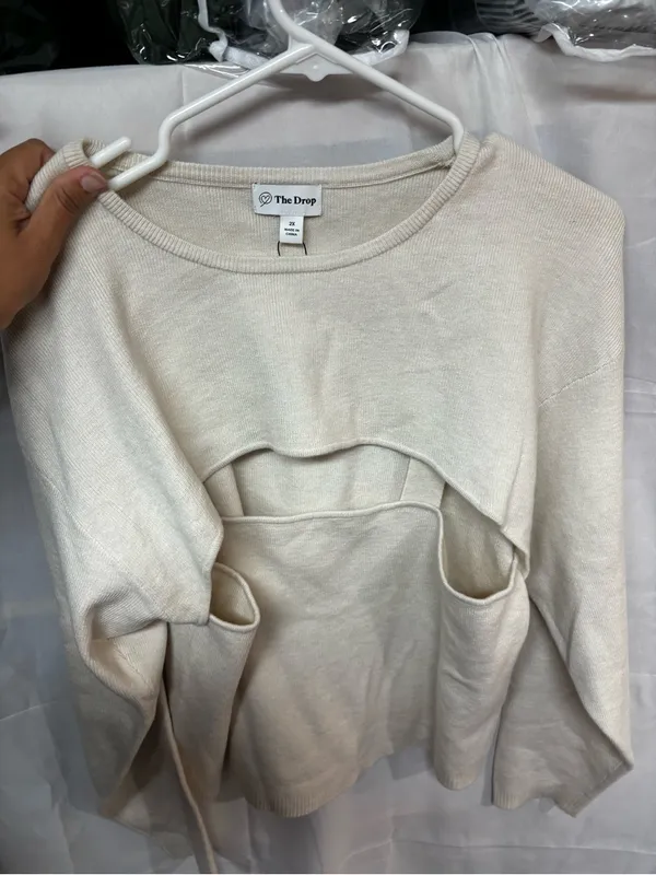 Women’s Cream Ribbed Cutout Crewneck Sweater - Image 2