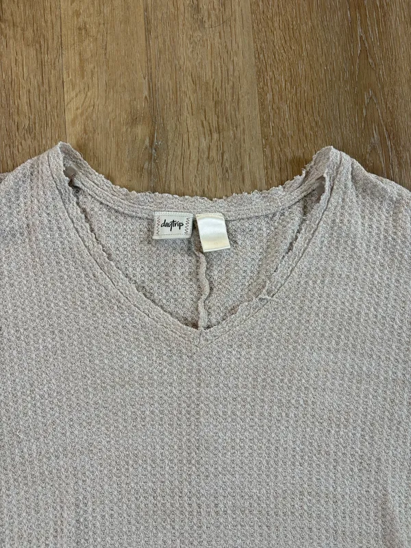 Cream V Neck Waffle Knit Long Sleeve Top - Image 4