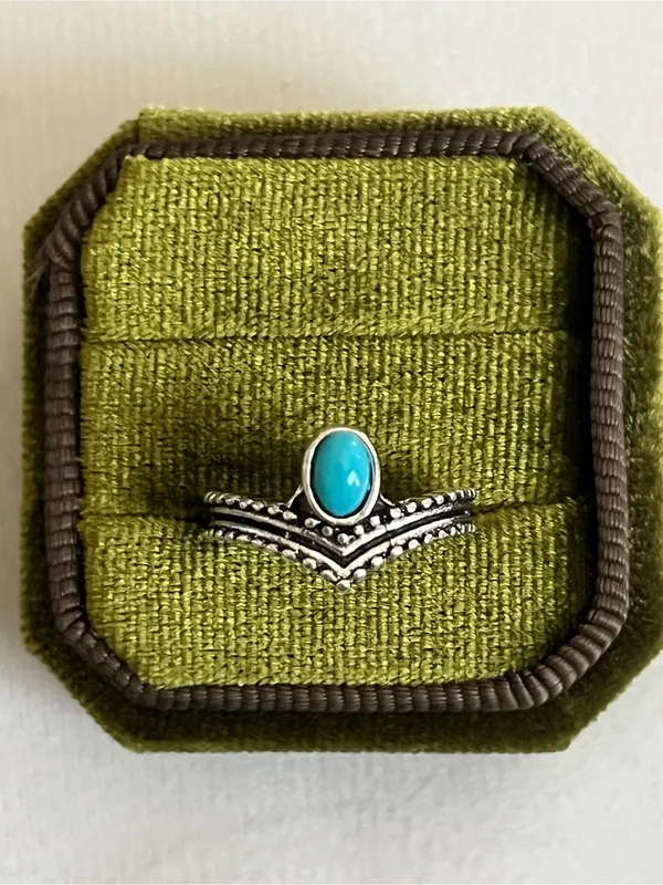 Bohemian/Chic Blue Turquoise Stainless Steel Chevron Design Ring Size 6 - Image 2