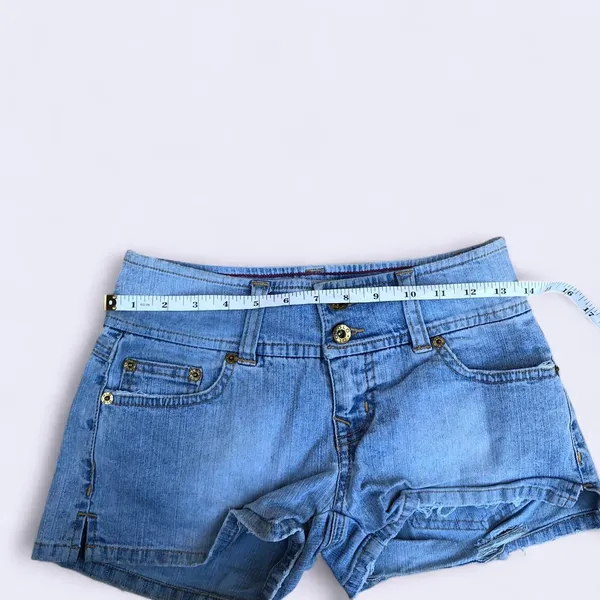 Y2K 2000s Grunge Micro Mini Baddie Hot Pants Low Rise Wide Band Denim Jean Booty Bimbo Shorts #goth #whimsigoth subversive acubi #cyber #punk biker whimsygoth #mcbling streetwear Size 1 - Measurement in pics - Image 4