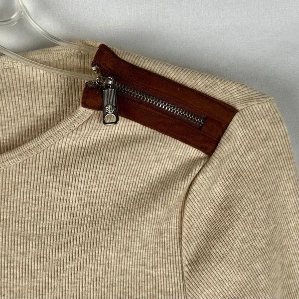 Lauren Ralph Lauren Rib Knit Shoulder Zipper Beige Sweater Small - Image 3