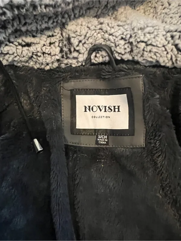 Novish Womens Gray Faux Leather Jacket with Sherpa Hood - Image 13