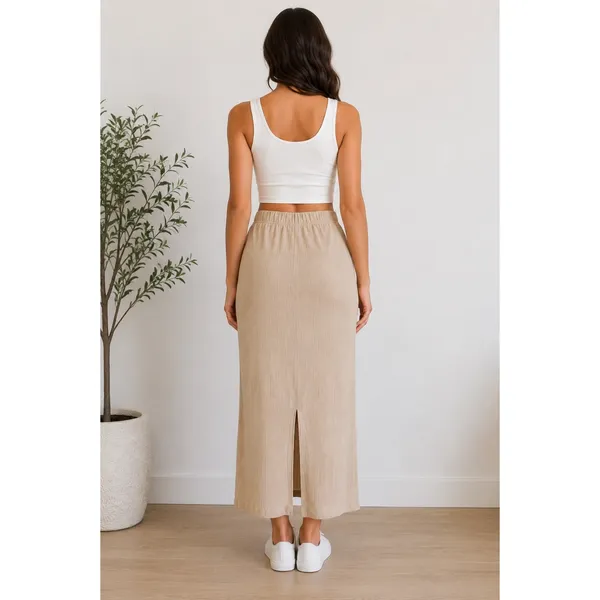Abound Ribbed Maxi Skirt Womens XL Beige Elastic Waist Back Slit Cotton Blend - Image 2