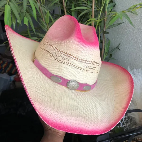 Vintage rare pink ombre western cowgirl/cowboy straw hat with silver tone hardware Size L - Image 5