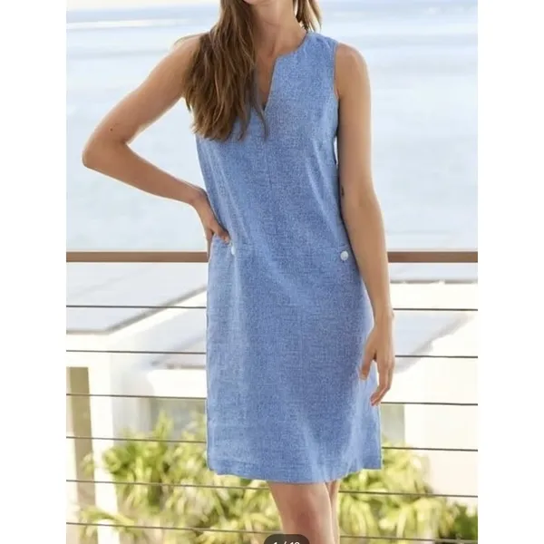 J. McLaughlin Rue Dress Large Blue 100% Linen Shift Sleeveless Coastal Resort - Image 2