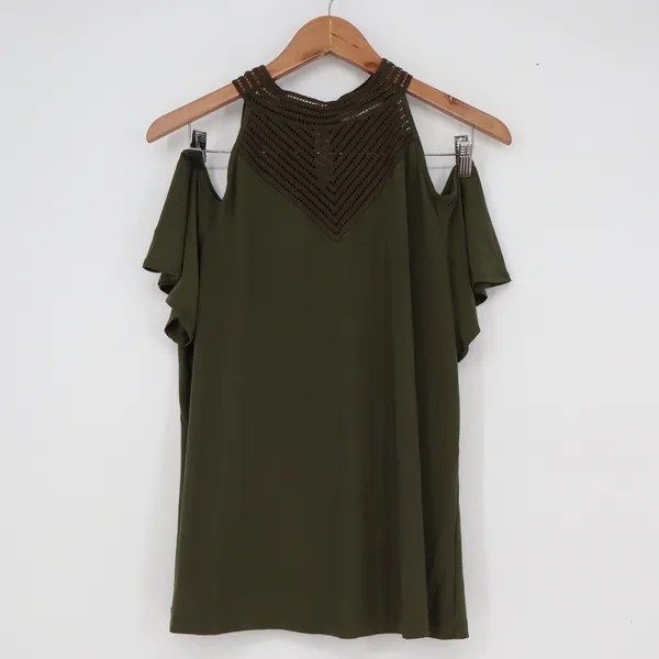 Perception Concept Olive Green Cold Shoulder Crochet Lace High Neck Top XL - Image 2