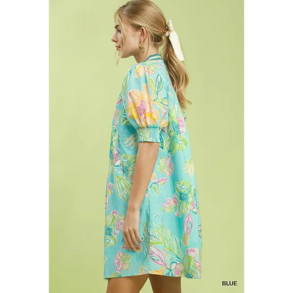 Umgee Botanical Print‎ Dress with Smocked Cuffs - Blue - Small - Image 2