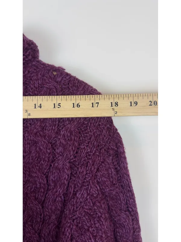 Aran Sweater Market 100% Merino Wool Cable Knit Cowl Neck Purple Sweater M - Image 9