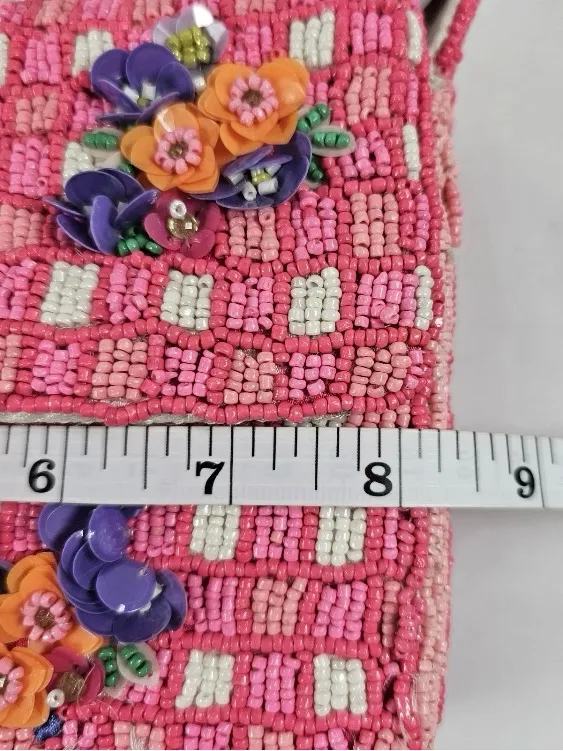 NWT India handcrafted Viral Beaded Pink Quilted Purple Flowers Checkered Bag - Image 6