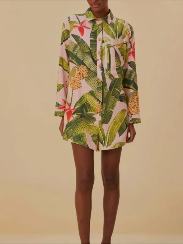 Farm Rio Pink Banana Leaves Linen Jumpsuit Small Long Sleeve Tropical Vacay Chic - Image 2