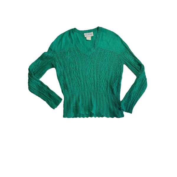 VTG Leslie Fay Sweater Size 10 Green Crochet V Neck Pointelle - Image 5