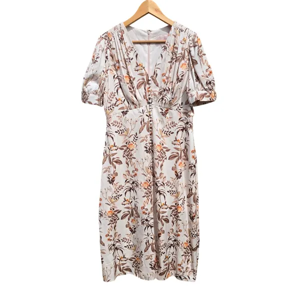 Gal Meets Glam 11G White Floral Midi Dress Puff Sleeve Button Front Size 12‎ - Image 5