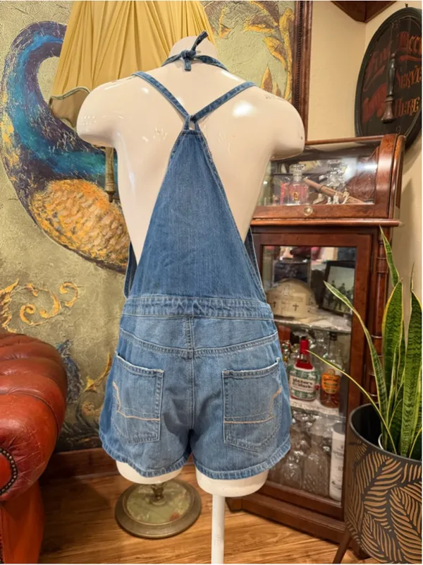 American Eagle Denim Romper Shortalls Halter Neck Button Front Blue Medium - Image 5