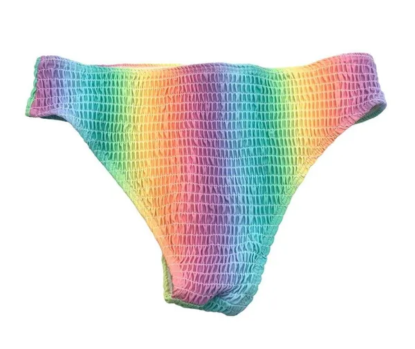 Womens Bikini Bottom Cheeky Smocked Crinkled Rainbow Colorful L - Image 2