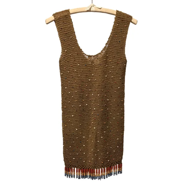 Vicky Moreinis Brown Knit Beaded Swimwear Cover up Dress Beaded Fringe Stretch - Image 8