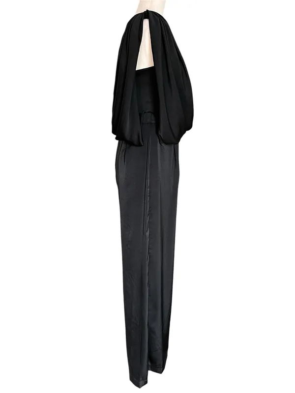 DO+BE black satin jumpsuit featuring an asymmetrical draped one-shoulder overlay - Image 9