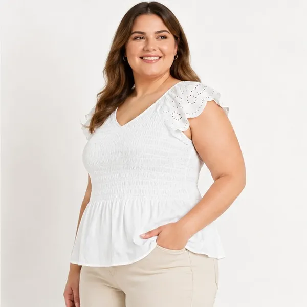 Time and Tru Womens Top Size XXL Vivid White Smocked Bodice V Neck Eyelet Stretc - Image 5